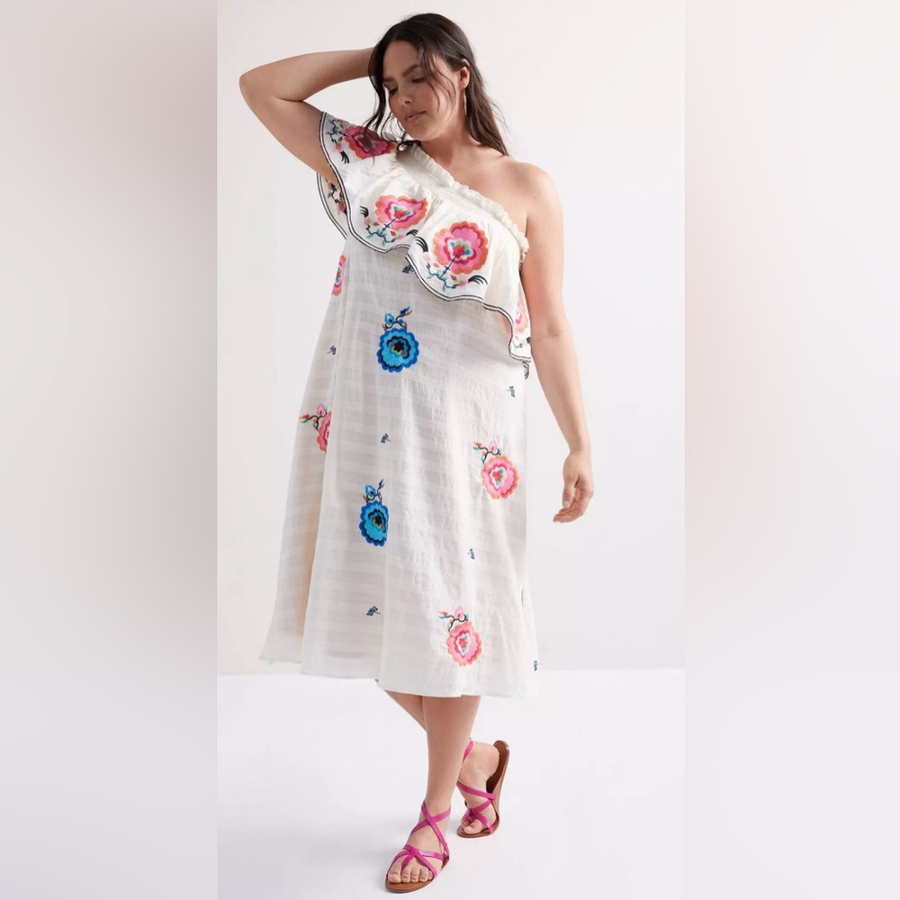 Anthropologie Plenty by Tracy Reese Floral‎ Embroidered One-Shoulder Maxi Dress